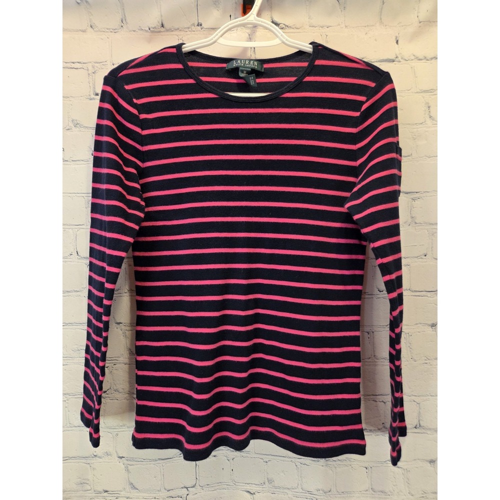 Lauren Ralph Lauren Pink Navy Stripe Long Sleeved Tee Medium (fits like small)